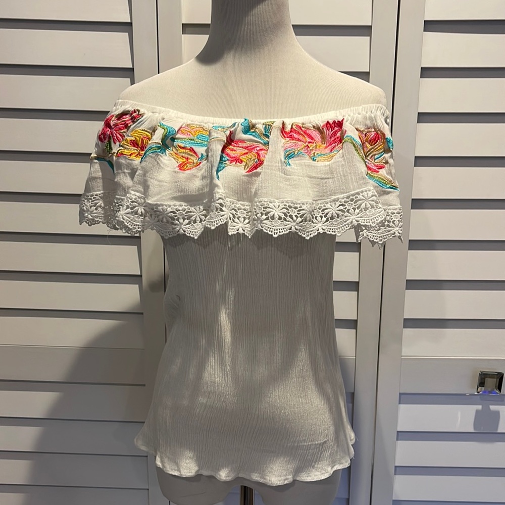 Millenium off shoulder gorgeous Boho Top, embroidered in front in EUC
